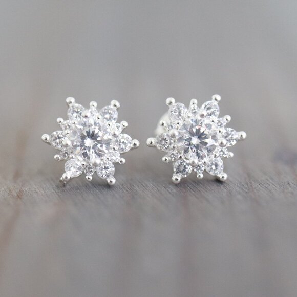 S925 1cttw Clear Center Diamond AAAAA CZ Snowflake Style Stud Earrings Sterling - Picture 1 of 3